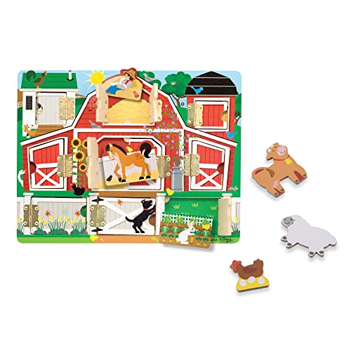 Melissa and Doug Hide and Seek Farm Wooden Activity Board With Barnyard Animal Magnets - Wooden Busy Board, Hide And Seek Puzzles, Wooden Magnet Puzzles For Toddlers And Kids Ages 3+