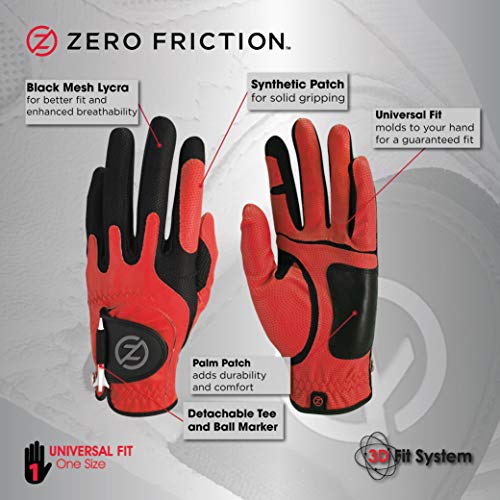 Zero Friction Male Men's Compression-Fit Synthetic Golf Glove (2 Pack), Universal Fit Black/Red, One Size (GL00109)