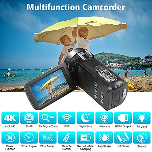 Video Camera Camcorder 4K 56MP Vlogging Camera with IR Night Vision 16X Digital Zoom, Microphone 2.4G Remote Control