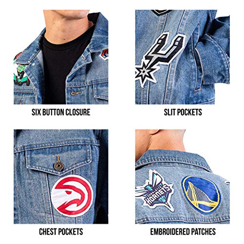 Ultra Game NBA Multi Team Mens Distressed Patch Jean Jacket, Denim, Medium