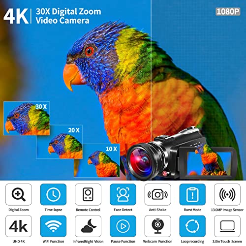 4K Video Camera Camcorders 30MP Ultra HD Infrared Night Vision Wifi Vlogging Camera for YouTube 30X Digital Zoom Touch Screen Camera Recorder with Wide-Angle Lens,32GB SD card、Infrared Flashlight