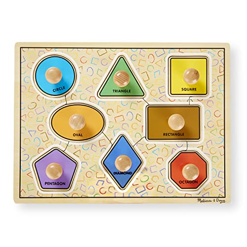Melissa and Doug Deluxe Jumbo Knob Wooden Puzzle - Geometric Shapes (8 pcs) - Wooden Peg Chunky Baby Puzzle, Preschool Learning Puzzle, Wooden Puzzle Board For Toddlers Ages 1+