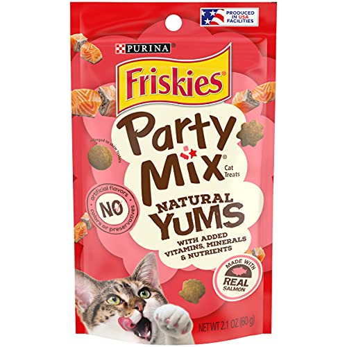 Purina Friskies Natural Cat Treats, Party Mix Natural Yums With Real Salmon and Vitamins, Minerals and Nutrients - (10) 2.1 oz. Pouches