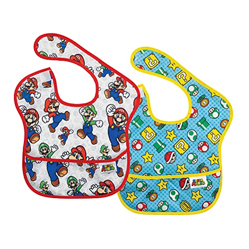 Bumkins Nintendo Super Mario SuperBib, Baby Bib, Waterproof, Washable, Stain and Odor Resistant, 6-24 Months (Pack of 2) - Classic and Icons