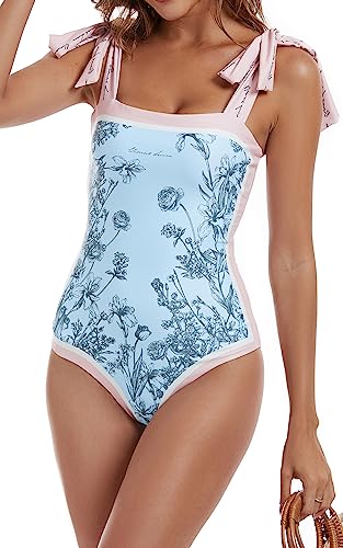 Aidonger Women's Reversible One Piece Swimsuits Floral Tie Shoulder Tummy Control Slimming Bathing Suits Square Neck Swimwear