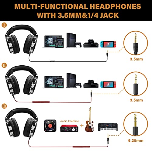 OneOdio Wired Over Ear Headphones Hi-Res Studio Monitor and Mixing DJ Stereo Headsets with 50mm Neodymium Drivers and 1/4 to 3.5mm Audio Jack for AMP Computer Recording Phone Piano Guitar Laptop - Black