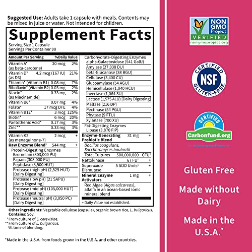 Garden of Life 22 Digestive Enzymes for Women with Bromelain, Papain, Lipase and Lactase Plus Probiotics and Vitamins B12, Biotin and Zinc – RAW Enzymes – Non-GMO, Gluten-Free, Vegetarian, 90 Capsules