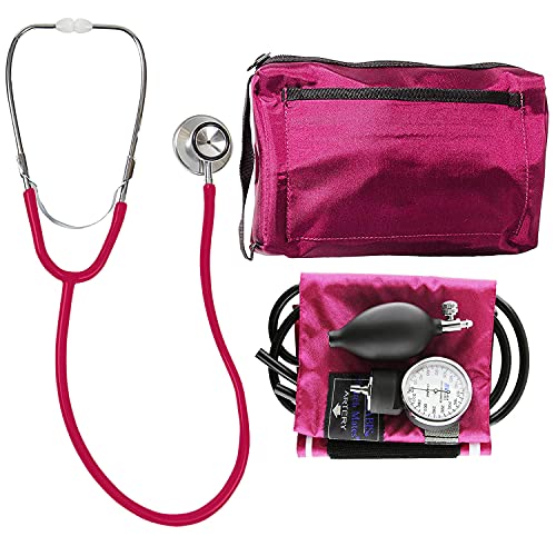 MABIS MatchMates Aneroid Sphygmomanometer and Dual Head Stethoscope Combination Home Blood Pressure Kit with Calibrated Nylon Cuff, Professional Quality, Carrying Case, Magenta
