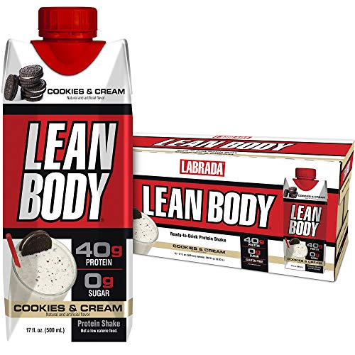 Lean Body Ready-to-Drink Cookies and Cream Protein Shake, 40g Protein, Whey Blend , 0 Sugar, Gluten Free, 22 Vitamins and Minerals, (Recyclable Carton and Lid - Pack of 12) LABRADA , 17 Fl Oz (Pack of 12)