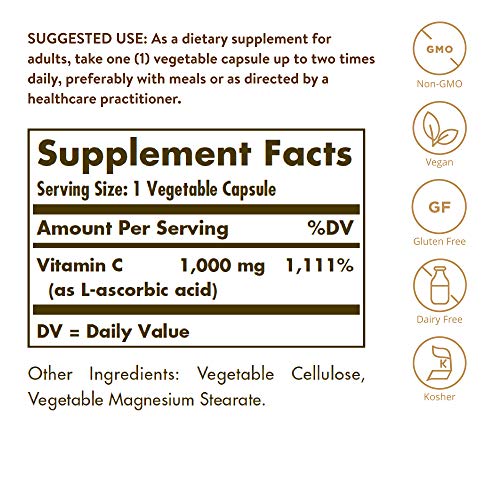 Solgar Vitamin C 1000 mg, 100 Vegetable Capsules - Antioxidant and Immune Support - Overall Health - Healthy Skin and Joints - Bioflavonoids Supplement - 100 Servings