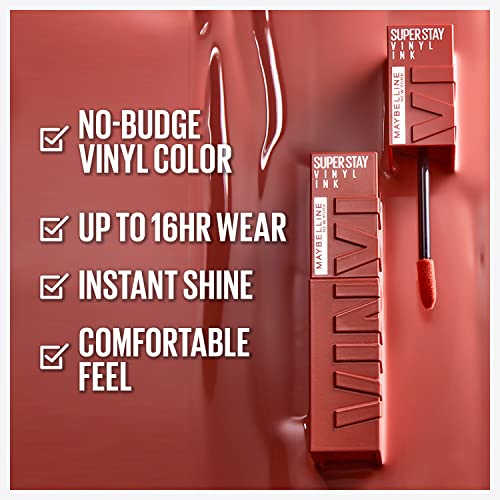 Maybelline Super Stay Vinyl Ink Longwear No-Budge Liquid Lipcolor Makeup, Highly Pigmented Color and Instant Shine, Awestruck, Pink Lipstick, 0.14 fl oz, 1 Count