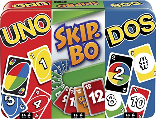 Mattel Games Set of 3 Games with Mattel Games UNO, Skip-Bo and Dos, Travel Games for Kids and Family Night with Storage Tin Box [Amazon Exclusive]