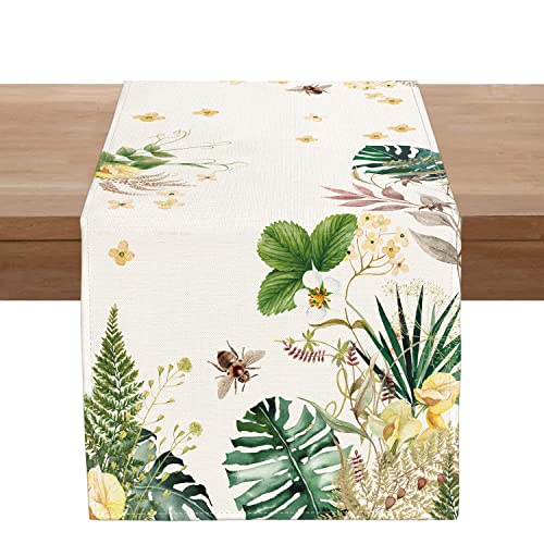 PROCIDA Summer Green Leaf Table Runner Troical Floral Leaves Burlap Table Runners Seasonal Holiday Party Kitchen Indoor Outdoor Dinning Decor 13x72 Inch