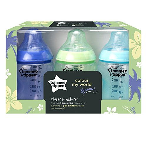 Tommee Tippee Closer to Nature Baby Bottles, Slow Flow Breast-Like Nipple with Anti-Colic Valve, 9oz, 3 Count, Colour My World Pacific - Blue