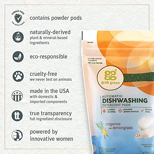 Grab Green Automatic Dishwashing Detergent Pods, 60 Count, Tangerine Lemongrass Scent, Plant and Mineral Based, Superior Cleaning, Powerful Grease Removal, Brilliant Shine