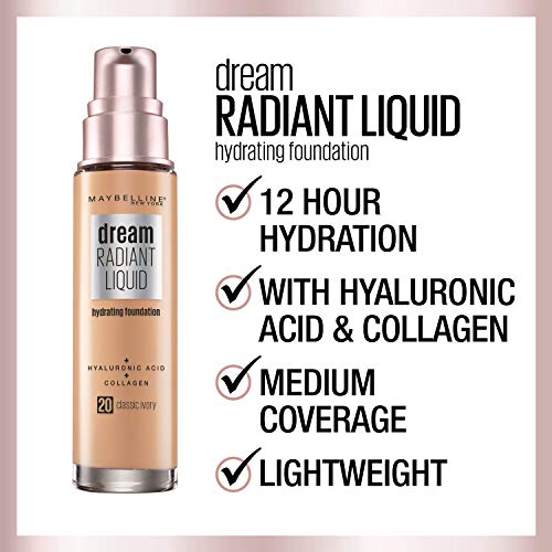Maybelline Dream Radiant Liquid Medium Coverage Hydrating Makeup, Lightweight Liquid Foundation, Porcelain Ivory, 1 Count