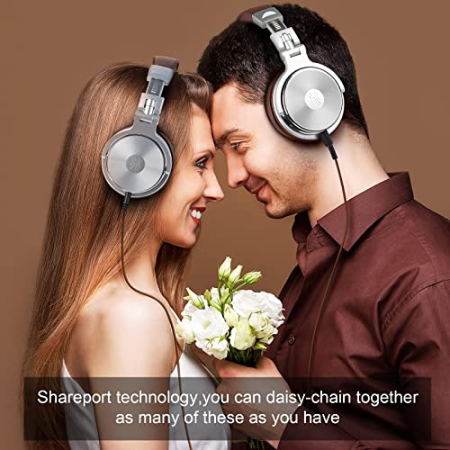 Over Ear Headphone, Wired Premium Stereo Sound Headsets with 50mm Driver, Foldable Comfortable Headphones with Protein Earmuffs and Shareport for Recording Monitoring Podcast PC TV- with Mic (Silver)
