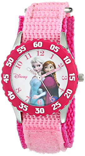 Disney Kids' W000969 Frozen Anna and Elsa Time Teacher Watch with Pink Nylon Band