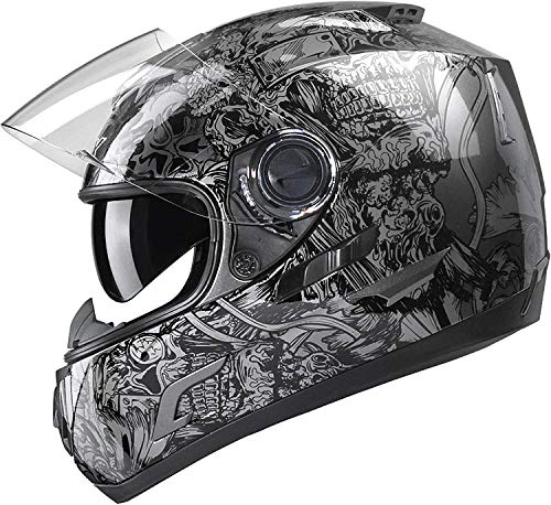 GLX GX15 Lightweight Full Face Motorcycle Street Bike Helmet with Internal Sun Visor DOT Approved (Silver Skull, Large)