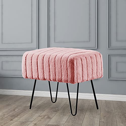 Home Soft Things Super Mink Faux Fur Pink Ottoman Bench, 19' x 13' x 17', Rose Smoke, Living Room Foot Rest Stool Entryway Makeup Bench End of Bed Bedroom Home Decor Chair for Sitting