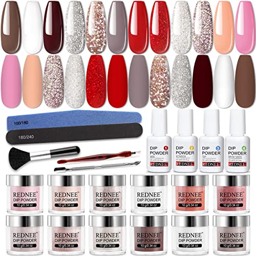 REDNEE 22 Pcs Dip Powder Nail Kit Starter 12 Colors Dipping Powder Set Rose Gold Red with Base Activator Top Coat and 5 Nail Tools for Nail Art Manicure - RE08 Inviting Color
