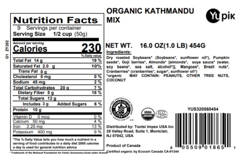 Yupik Organic Kathmandu Trail Mix, 1 lb, with Premium Mango Slices, Almonds, Cranberries, Dry Roasted Soy beans, Pumpkin Seeds, Goji Berries, Brazil Nuts,Brown