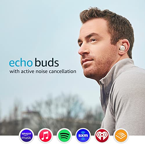 Echo Buds with Active Noise Cancellation (2021 release, 2nd gen) | Wireless earbuds with active noise cancellation and Alexa | Wireless charging case | Glacier White