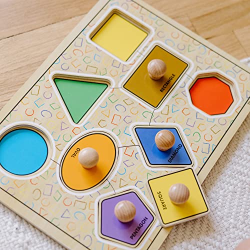 Melissa and Doug Deluxe Jumbo Knob Wooden Puzzle - Geometric Shapes (8 pcs) - Wooden Peg Chunky Baby Puzzle, Preschool Learning Puzzle, Wooden Puzzle Board For Toddlers Ages 1+