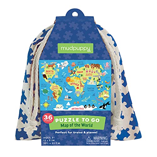 Mudpuppy Map of the World Puzzle To Go, 36 Pieces, 12”x9” – Kids Ages 3+ - Colorful Map with Illustrations of Iconic Landmarks – Packaged in Travel-Friendly Drawstring Fabric Pouch –Perfect for Planes