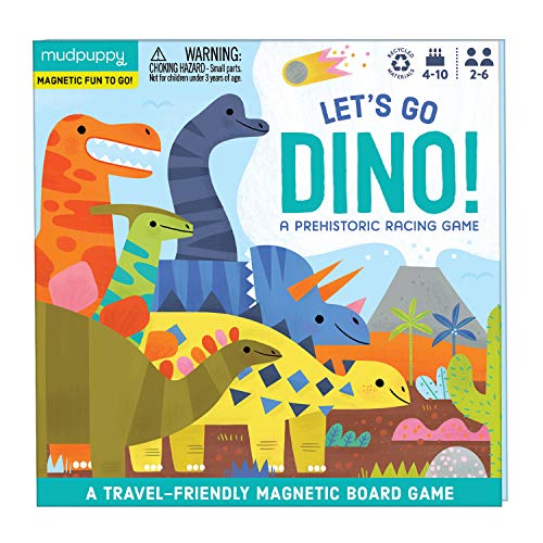 Mudpuppy Let’s Go, Dinos! Magnetic Board Game – Colorful Racing Game for Kids Ages 5-10, 2-6 Players – Compact and Magnetic Design, Ideal Travel Activity for Kids, Instructions Included