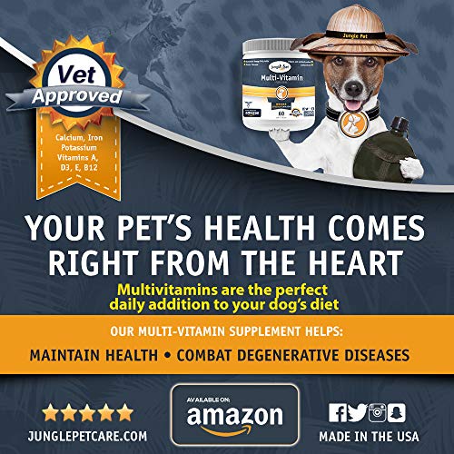 Jungle Pet Dog Multivitamin for Dogs - Antioxidants, Minerals and Vitamin E for Dogs - Heart Shaped Dog Multivitamins Chewable Dog Vitamins and Supplements - Hickory Bacon Flavor - 60 ct