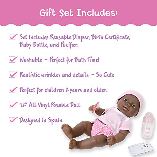 La Newborn JC Toys Nursery | 7 Piece Doll Gift Set | 12' Life-Like African American Doll with Accessories | Pink | Ages 2+ (18345)