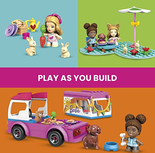MEGA Barbie Camper Building Toy Vehicle Playset, Adventure Dreamcamper With 123 Pieces, 2 Micro-Dolls, Accessories, Pets and Furniture,