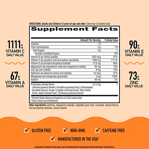 Airborne 1000mg Vitamin C Chewable Tablets with Zinc, Immune Support Supplement with Powerful Antioxidants Vitamins A C and E - 96 Chewable Tablets, Very Berry Flavor