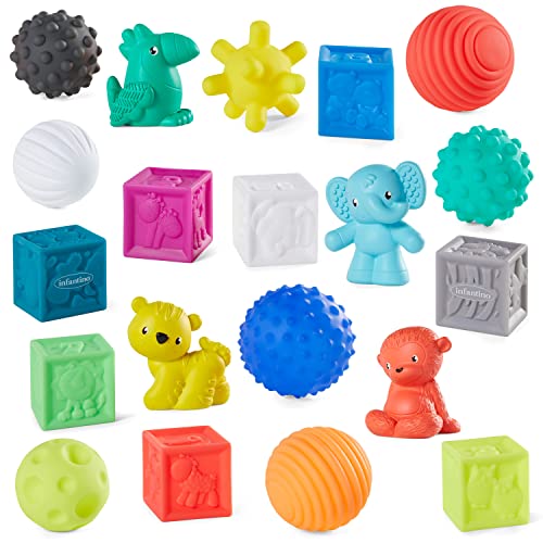 Infantino Sensory Balls, Blocks and Buddies - Textured, Soft and Colorful Toys Includes 8 Balls, 8 Numbered Blocks, 4 Animal Buddies, Ages 0 Months +, 20-Piece Set
