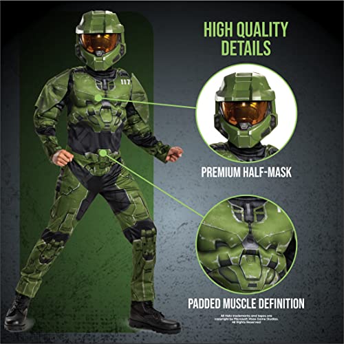 Halo Infinite Master Chief Costume, Kids Size Muscle Padded Video Game Inspired Character Jumpsuit, Child Size Large (10-12), Green and Black