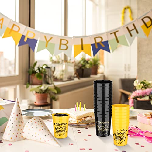 Shojoy 40 Pack Happy Birthday Party Cups Black and Gold Birthday Stadium Cups 8 Ounces Reusable Plastic Tumblers for Birthday Anniversary Party Supplies Decors