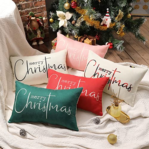 Allorry Christmas Pillow Covers Merry Christmas Throw Pillow Decorative Christmas Red Cotton Cloth Linen Cloth Pillow Cover Sofa Cover Decorative Rectangle Length 12X20 inches
