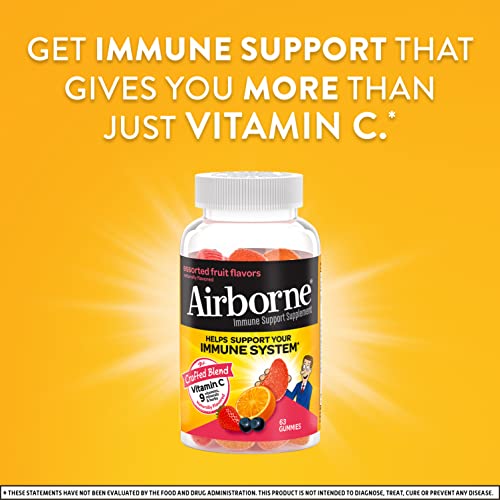 Airborne Vitamin C 750mg (per serving) - Assorted Fruit Gummies (63 count in a bottle), Gluten-Free Immune Support Supplement With Vitamins C E, Selenium