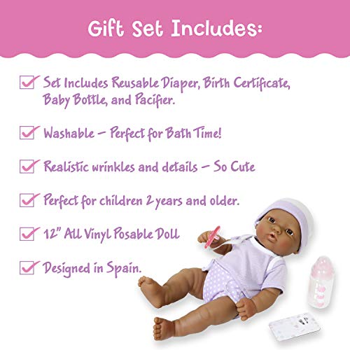 JC Toys - La Newborn Nursery | 7 Piece Baby Doll Gift Set | 12' Life-Like Hispanic Doll with Accessories | Purple | Ages 2+ (18347)