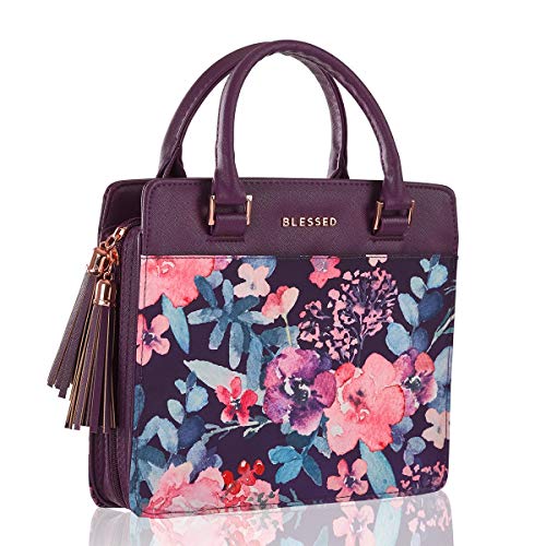 Christian Art Gifts Women's Fashion Bible Cover Purse Style Blessed, Purple/Pink Floral Faux Leather, Large