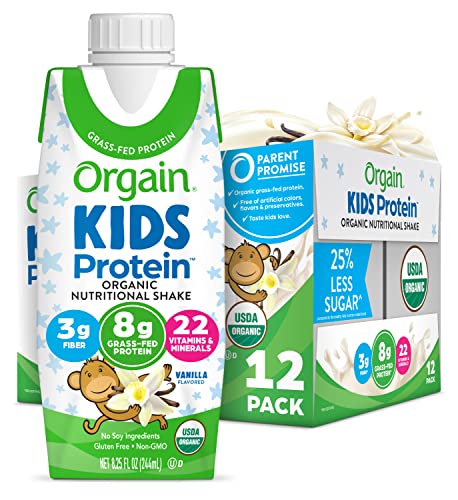 Orgain Organic Kids Protein Nutritional Shake, Vanilla - 8g of Protein, 22 Vitamins and Minerals, Fruits and Vegetables, Gluten Free, Soy Free, Non-GMO, 8.25 Fl Oz (Pack of 12)