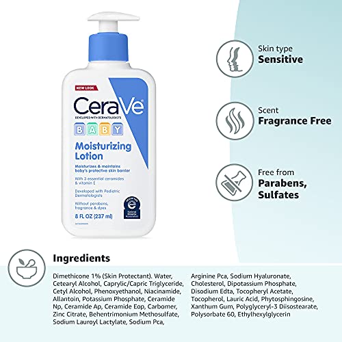 CeraVe Baby Lotion | Gentle Baby Skin Care with Ceramides, Niacinamide and Vitamin E | Fragrance, Paraben, Dye and Phthalates Free | Lightweight Baby Moisturizer | 8 Ounce | Packaging May Vary