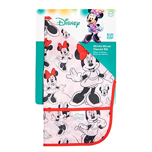 Bumkins Sleeved Baby or Toddler Bib, Smock, Waterproof Fabric, Fits Ages 6-24 Months, Disney Minnie Mouse Classic