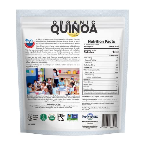 Happy Andes Tri-Color Organic Whole Grain Quinoa Non-GMO, Non Gluten, Ready to Cook Food for Oats and Seeds Recipes, Healthy Meal with Vitamins and Protein, Best Value, 3 lb