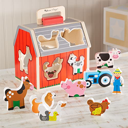 Melissa and Doug Wooden Take-Along Sorting Barn Toy with Flip-Up Roof and Handle, 10 Wooden Farm Play Pieces - Farm Toys, Shape Sorting And Stacking Learning Toys For Toddlers And Kids Ages 2+