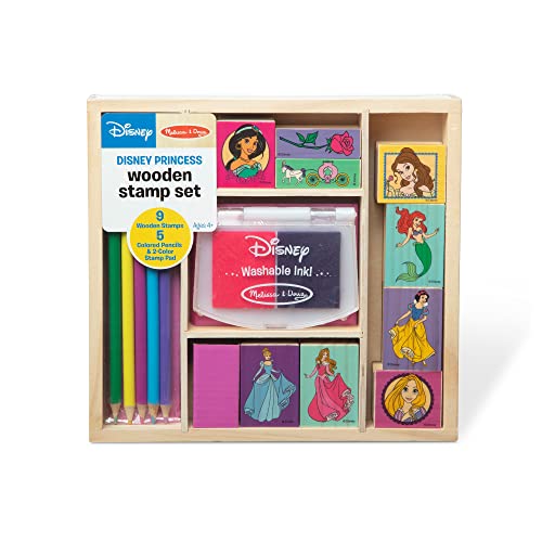 Melissa and Doug Disney Princess Wooden Stamp Set: 9 Stamps, 5 Colored Pencils, and 2-Color Stamp Pad - Disney Princess Coloring, Stamps With Washable Ink, Disney Stamps For Kids Ages 4+