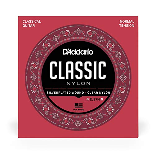 D'Addario Guitar Strings - Classic Nylon Guitar Strings - EJ27N Classical Guitar Strings - Silver Plated Wrap, Nylon Core, Clear Student Nylon Trebles - Normal Tension, 1-Pack