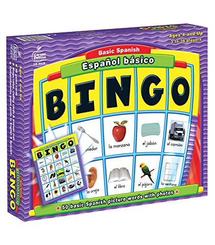 Carson Dellosa Basic Spanish Bingo Game Learning Board Game with 50 Spanish Words with Photos, 36 Game Boards and Bingo Chips for 3-36 Players, Ages 4 and Up