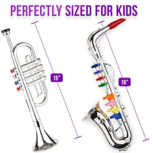 Click N' Play Toy Trumpet and Toy Saxophone Set for Kids - Create Real Music - Safety Tested BPA Free - Beautiful Silver Finish with Color Keys Real Notes - Start a Instrument Band at Home or School